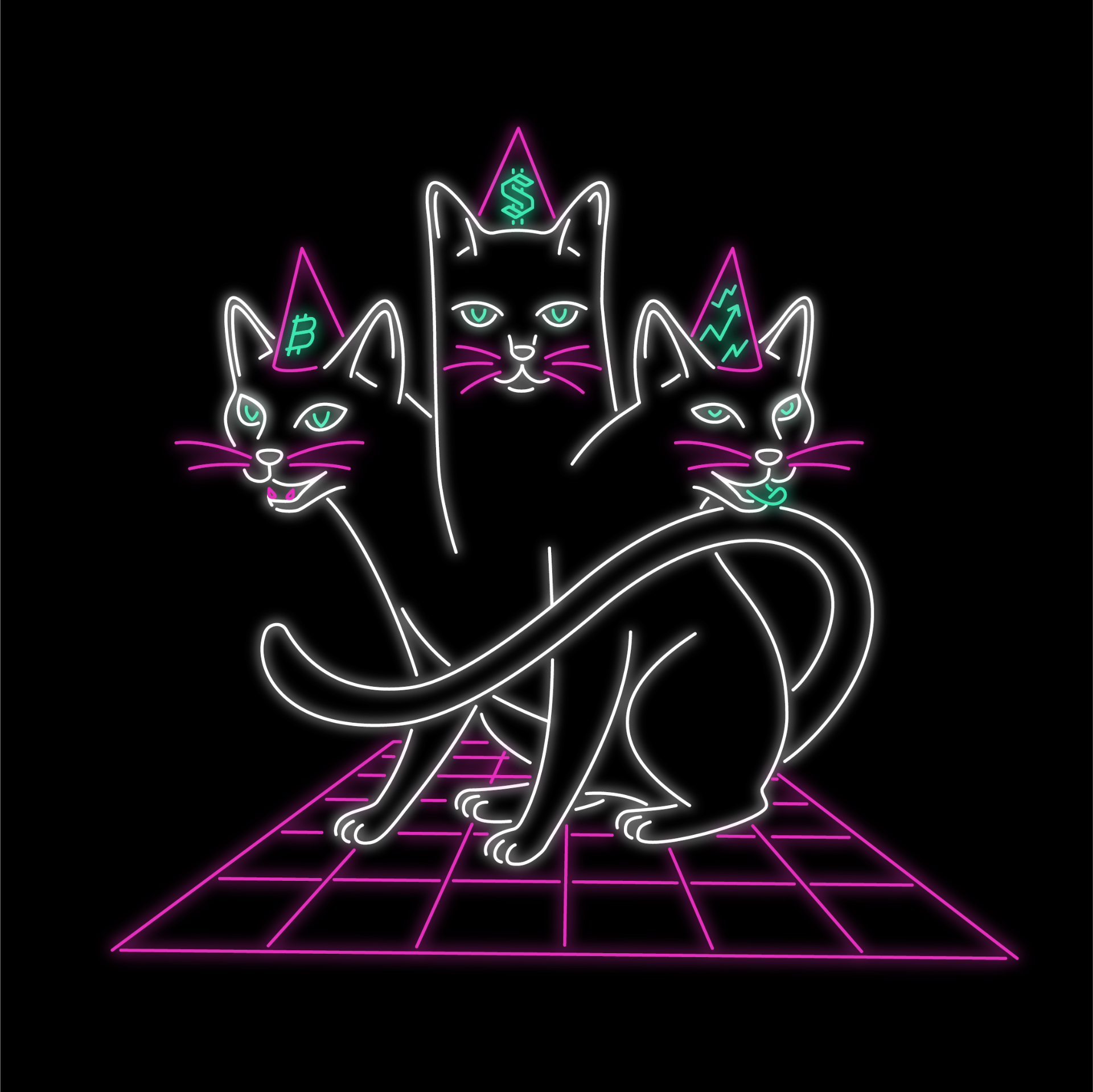 RWACAT · Three black cats in party hats — original image from @RobinhoodApp